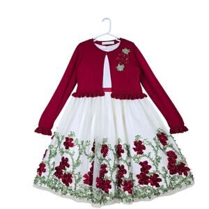 American Princess Dress Cardigan Set sz 7 White Red Green Holiday Ribbon Accents